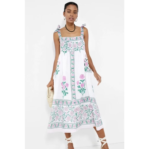 Juliet Dunn Dresses & Skirts - Juliet Dunn London Womens Tie Shoulder Green Poppy Pink Floral Midi Dress Small